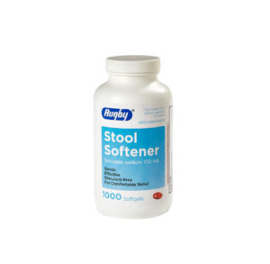 A bottle of stool softener capsules for digestive health.