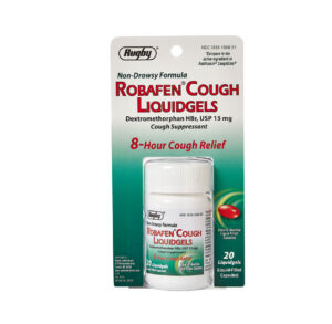 Robafen Cough Liquid Gels bottle with package for cough relief.
