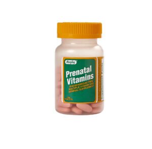 Bottle of prenatal vitamins with pink tablets and an orange cap.