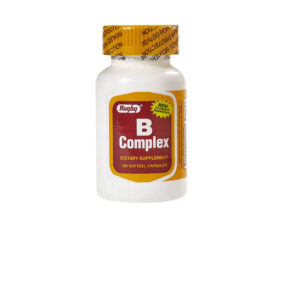 Bottle of B Complex vitamin supplements with yellow cap.