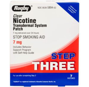 Package of Rugby Clear Nicotine Transdermal System patches for smoking cessation.
