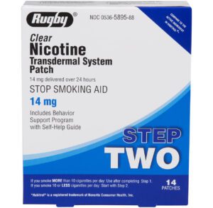 Box of Rugby Clear Nicotine Transdermal System Step Two patches.
