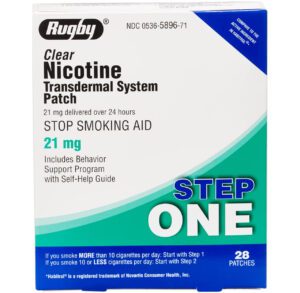 Box of Rugby Clear Nicotine Transdermal System patches for smoking cessation.