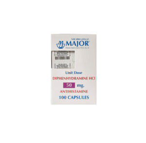 Box of Major brand capsules labeled as Diphenhydramine HCl 25mg.