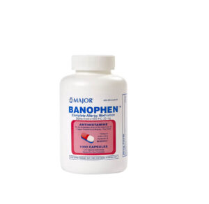 Bottle of Banophen pain relief tablets.