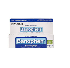 Banophen antipruritic cream tube with packaging box.
