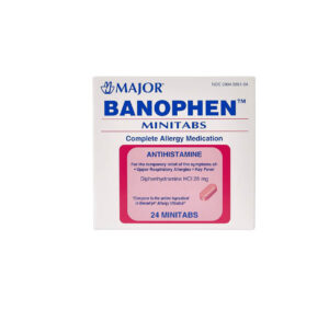 Box of Major Banophen Minitabs, an antihistamine medication.