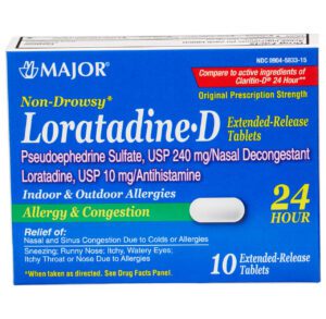 Box of Major Loratadine-DS allergy relief tablets with pseudoephedrine.