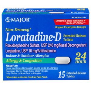 Box of Loratadine-D allergy and congestion tablets with 24 extended-release caplets.