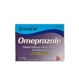 Box of Omeprazole delayed-release tablets for acid relief.