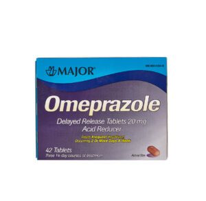 Box of Omeprazole delayed-release tablets for acid reflux relief.