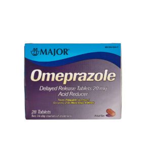 Box of Omeprazole delayed-release tablets for heartburn relief.