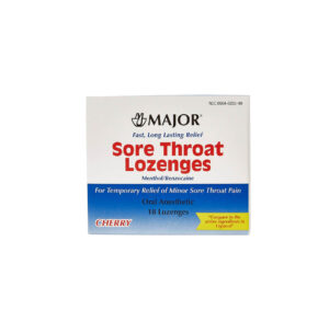Box of Major Sore Throat Lozenges for temporary relief of sore throat pain.