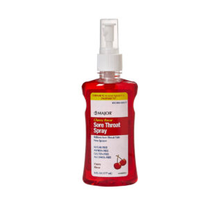 A red spray bottle of Cepacol sore throat spray.