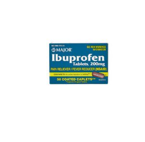 Box of 200mg Ibuprofen tablets for pain relief and inflammation.