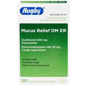 Box of Rugby Mucus Relief DM ER medication for cough and mucus.