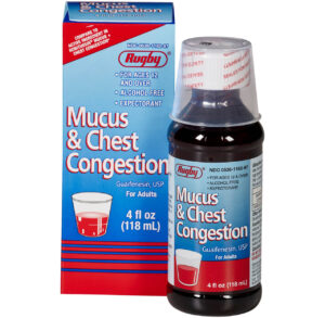 Mucinex Mucus & Chest Congestion liquid medicine bottle and box.