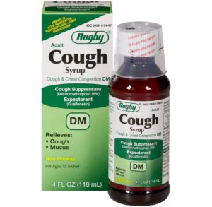 Bottle and box of Rugby Cough Syrup for cough relief.