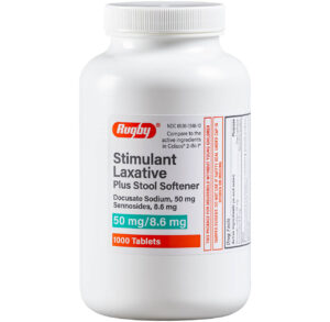 Bottle of stimulant laxative with 100 tablets for constipation relief.