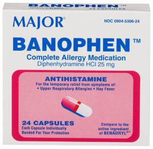 Box of Banophen allergy medication with 24 capsules.