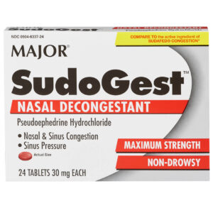 Box of Major SudoGest nasal decongestant tablets.