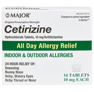 Box of Cetirizine 10 mg allergy relief tablets.