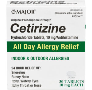Cetirizine allergy relief tablets for indoor and outdoor allergies.