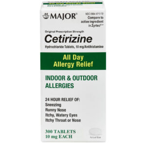 Box of Major Cetirizine allergy relief tablets for indoor and outdoor allergies.