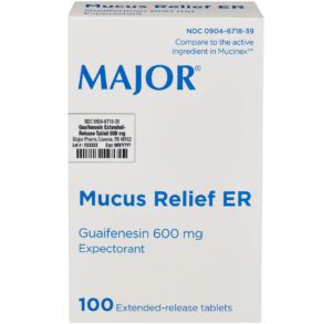 Box of Major Mucus Relief ER with guaifenesin expectorant tablets.