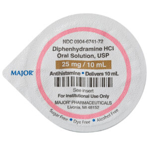 Bottle of Diphenhydramine HCl oral solution labeled 25 mg per 10 mL.