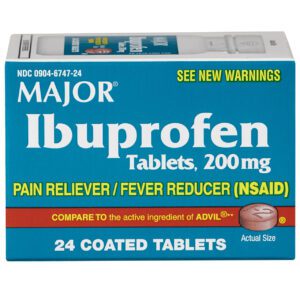 Box of Major Ibuprofen 200 mg pain reliever tablets.