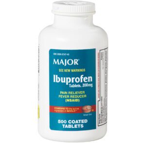 Bottle of Major Ibuprofen 200mg coated tablets.