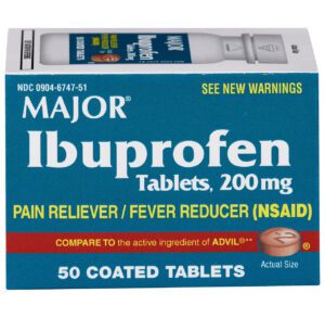 Box of Major Ibuprofen pain relief tablets.