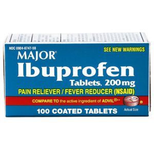 Box of Major Ibuprofen 200 mg pain reliever tablets.