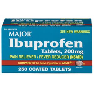 Box of Major Ibuprofen 200 mg pain relief tablets.