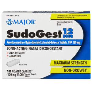 SudoGest 12 Hour long-acting nasal decongestant capsules.