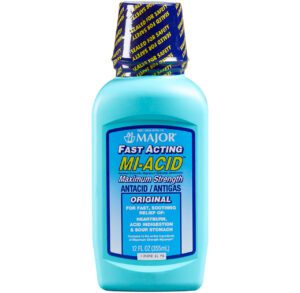 A blue bottle of Major Soft Acting Milacid mouthwash for fighting bad breath.