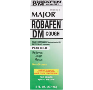 Cough medicine bottle labeled Major Robafen DM with peak cold relief.