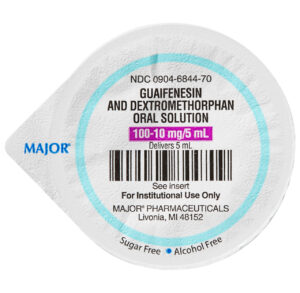Bottle label of Guaifenesin and Dextromethorphan oral solution for cough relief.