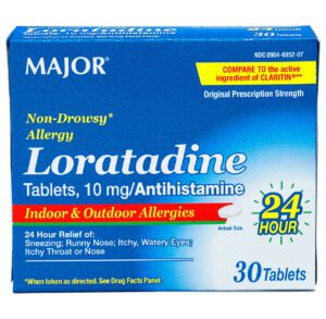 Box of Major Loratadine 10 mg allergy tablets for 24-hour relief.