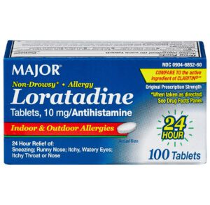 Box of Major Loratadine 10 mg antihistamine tablets for allergy relief.