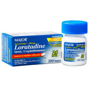 Loratatine allergy relief tablets with 10 mg dosage.