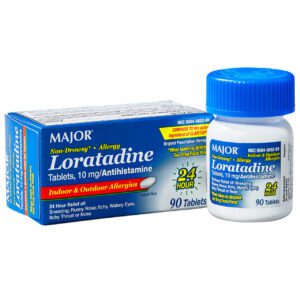 Loradatine allergy relief tablets with 10 mg strength and 90 tablets per bottle.