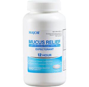 Bottle of Major Mucus Relief expectorant for 12-hour relief.