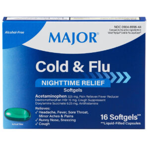 Box of Major Cold & Flu Night Time Relief softgels with key ingredients.