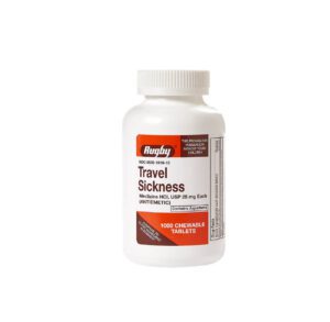 Bottle of Walgreens Travel Sickness medication on a white background.