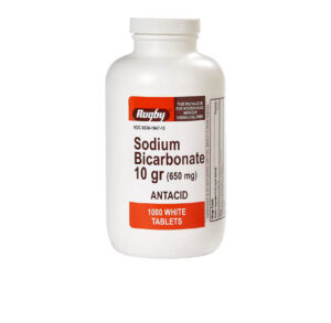 A bottle of sodium bicarbonate antacid tablets.