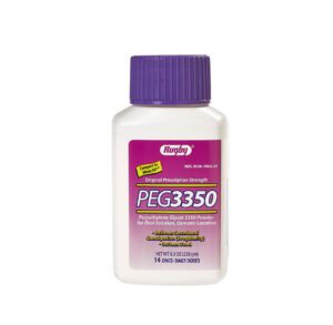 A bottle of PEG3350 laxative powder with a purple cap.