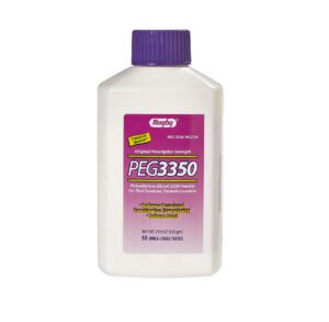 A bottle of PEG3350 laxative powder for constipation relief.