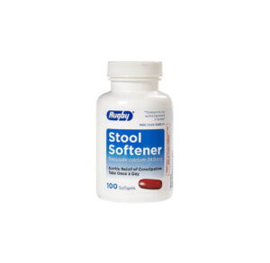 Bottle of stool softener capsules for digestive health.